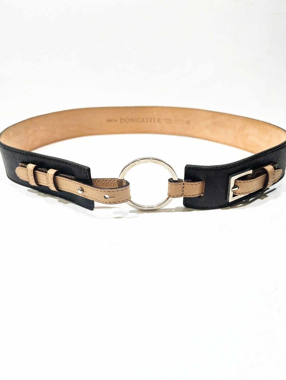 Doncaster Black Leather O Ring Statement Belt Tan Accents Size M 32-33 Italy